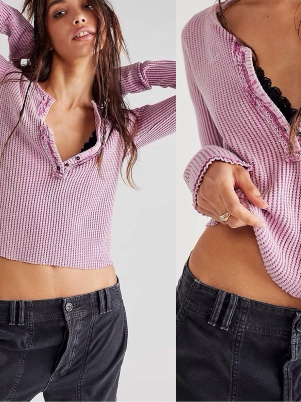 Free People FP One Colt Thermal Top Small Purple Boho Beach Waffle Knit Distress - Picture 2 of 9